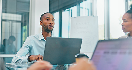 Image showing Speaking, meeting and people manager in planning, agenda and strategy for workflow management on laptop. Leadership, communication and employees, staff and boss with ideas, mission and online vision