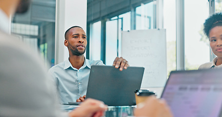 Image showing Corporate, black man and team in meeting, brainstorming and feedback for new project, discussion and planning. Staff, African American male leader and employees share ideas, collaboration and talking