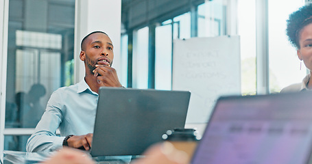 Image showing Corporate, black man and team in meeting, brainstorming and feedback for new project, discussion and planning. Staff, African American male leader and employees share ideas, collaboration and talking