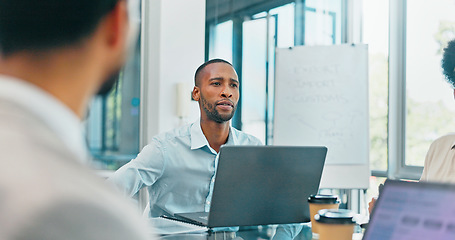 Image showing Corporate, black man and team in meeting, brainstorming and feedback for new project, discussion and planning. Staff, African American male leader and employees share ideas, collaboration and talking