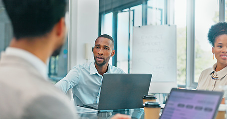 Image showing Speaking, meeting and people manager in planning, agenda and strategy for workflow management on laptop. Leadership, communication and employees, staff and boss with ideas, mission and online vision