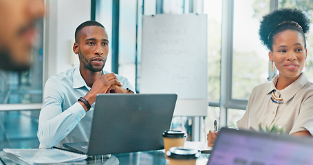 Image showing Corporate, black man and team in meeting, brainstorming and feedback for new project, discussion and planning. Staff, African American male leader and employees share ideas, collaboration and talking