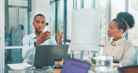 Image showing Corporate, black man and team in meeting, brainstorming and feedback for new project, discussion and planning. Staff, African American male leader and employees share ideas, collaboration and talking