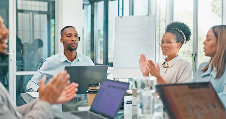 Image showing Meeting, applause and business people throwing paper in air, celebration of project success, achievement profit growth. Teamwork, investment and diversity in winning target goals in startup office.