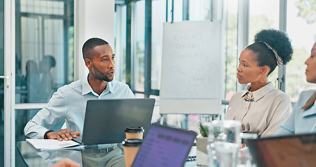 Image showing Corporate, black man and team in meeting, brainstorming and feedback for new project, discussion and planning. Staff, African American male leader and employees share ideas, collaboration and talking