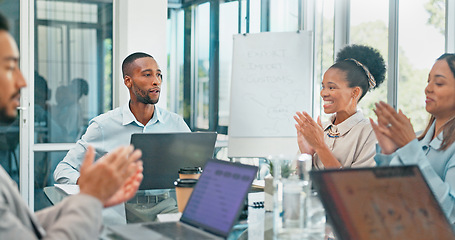 Image showing Meeting, applause and business people throwing paper in air, celebration of project success, achievement profit growth. Teamwork, investment and diversity in winning target goals in startup office.