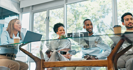 Image showing Business people, meeting and planning for strategy, brainstorming or schedule in the boardroom. Group of employee workers sharing ideas in team discussion, project plan or collaboration at the office