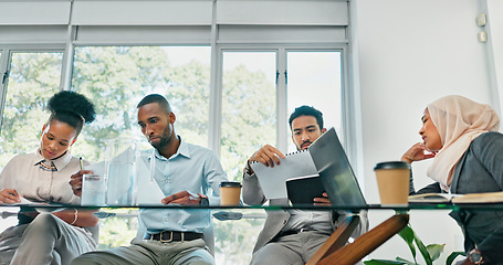 Image showing Business people, meeting and planning for strategy, brainstorming or schedule in the boardroom. Group of employee workers sharing ideas in team discussion, project plan or collaboration at the office