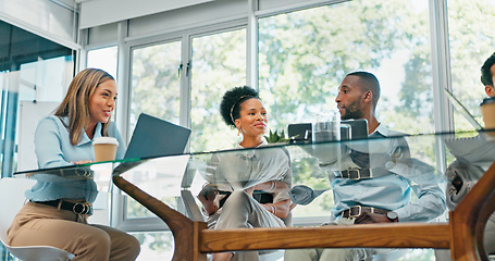 Image showing Business people, meeting and planning for strategy, brainstorming or schedule in the boardroom. Group of employee workers sharing ideas in team discussion, project plan or collaboration at the office