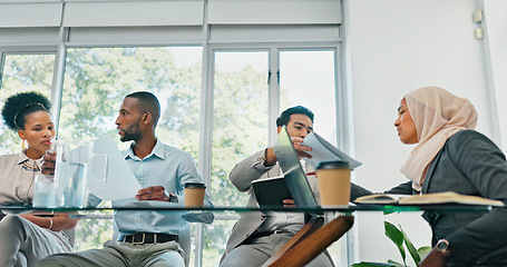 Image showing Business people, meeting and planning for strategy, brainstorming or schedule in the boardroom. Group of employee workers sharing ideas in team discussion, project plan or collaboration at the office