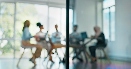 Image showing Blurry, corporate and staff brainstorming, innovation and set deadlines in meeting, partnership and sales growth. Blur, team and employees share ideas, confirm budget and collaboration in workplace