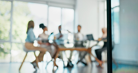 Image showing Blurry, corporate and staff brainstorming, innovation and set deadlines in meeting, partnership and sales growth. Blur, team and employees share ideas, confirm budget and collaboration in workplace