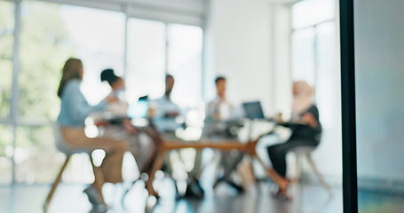 Image showing Blurry, corporate and staff brainstorming, innovation and set deadlines in meeting, partnership and sales growth. Blur, team and employees share ideas, confirm budget and collaboration in workplace