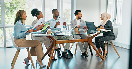 Image showing Business people, meeting and planning for strategy, brainstorming or schedule in the boardroom. Group of employee workers sharing ideas in team discussion, project plan or collaboration at the office