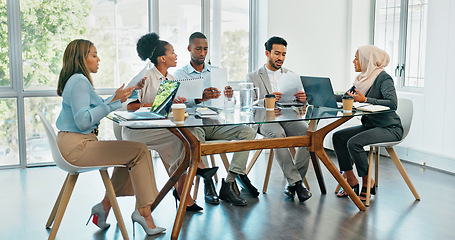 Image showing Business people, meeting and planning for strategy, brainstorming or schedule in the boardroom. Group of employee workers sharing ideas in team discussion, project plan or collaboration at the office