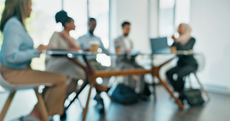 Image showing Blurry, corporate and staff brainstorming, innovation and set deadlines in meeting, partnership and sales growth. Blur, team and employees share ideas, confirm budget and collaboration in workplace