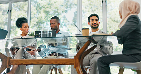 Image showing Business people, meeting and planning for strategy, brainstorming or schedule in the boardroom. Group of employee workers sharing ideas in team discussion, project plan or collaboration at the office