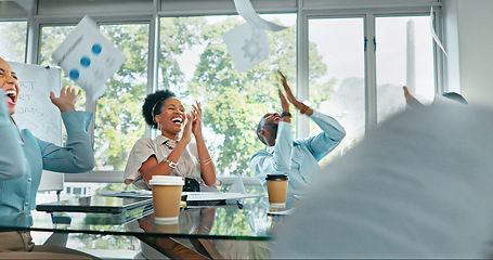 Image showing Celebration, teamwork and business meeting with documents in the air with motivation. Diversity, excited and celebrating tech analytics success of staff happy about collaboration and office goal