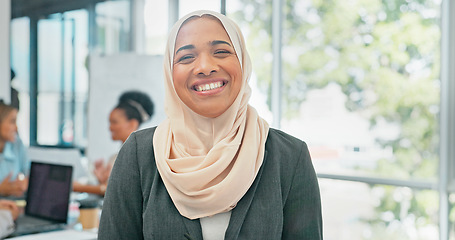 Image showing Face, muslim and mindset with a business woman in her office at work wearing a hijab for religion or faith. Portrait, vision and smile with an islamic female employee standing in her workplace