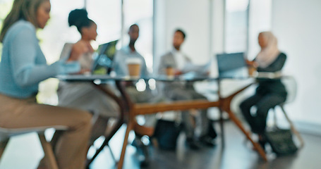 Image showing Blurry, corporate and staff brainstorming, innovation and set deadlines in meeting, partnership and sales growth. Blur, team and employees share ideas, confirm budget and collaboration in workplace