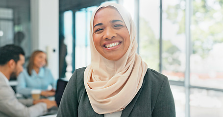 Image showing Face, muslim and mindset with a business woman in her office at work wearing a hijab for religion or faith. Portrait, vision and smile with an islamic female employee standing in her workplace