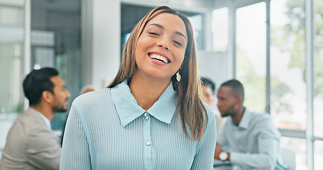 Image showing Business, meeting and portrait of woman with smile at workshop for corporate strategy, planning and work on vision. Teamwork, collaboration and diversity, happy employee at financial advisory agency.