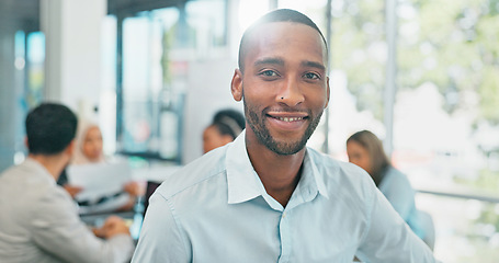 Image showing Business man, face and leadership in meeting, success and vision during strategy collaboration in team. African American manager, corporate portrait and teamwork in conference room with career goal