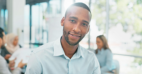 Image showing Business man, face and leadership in meeting, success and vision during strategy collaboration in team. African American manager, corporate portrait and teamwork in conference room with career goal