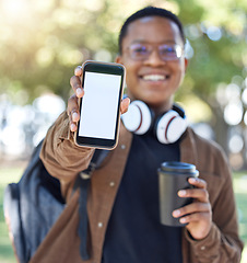 Image showing Black man, phone screen mockup and portrait of a gen z student in the morning with bokeh. Smile, blurred background and mock up for social media, brand marketing and networking message outdoor