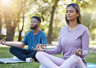 Image showing Mediation, peace and yoga class with people in park for relax, mindfulness and spirituality. Zen, fitness and wellness with black man and woman and training in nature for health, healing or gratitude