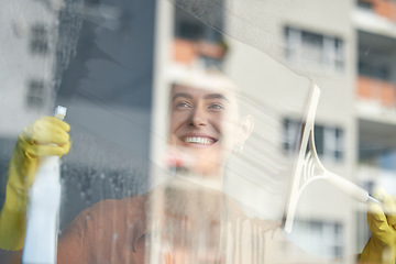 Image showing Window cleaning, smile and happy woman at home washing windows with glass cleaner. Helping, working and maid with spray detergent product for house chores and disinfectant wipe with sanitation soap