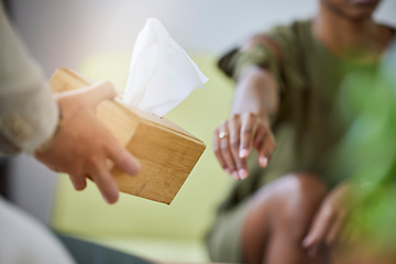 Image showing Closeup, tissue or therapy session with hands, mental health or compassion with patient, sad or emotional. Zoom, female client or therapist with empathy, grief or loss with psychology or consultation