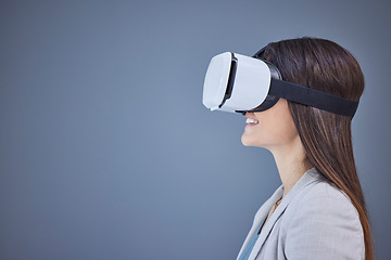 Image showing Virtual reality, metaverse and mockup with a business woman using goggles to access an ai interface. VR, 3d and headset with a female employee working online for innovation in information technology