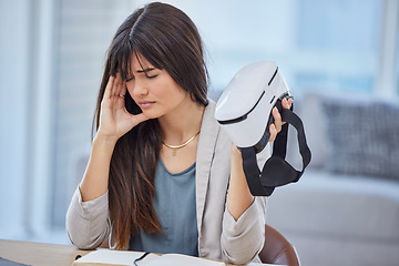 Image showing Vr, stress or business woman with headache after exploring metaverse in office. Mental health, anxiety or female with migraine, pain or depression, fatigue or burnout after virtual reality experience