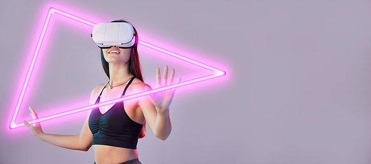 Image showing Hologram, vr or happy woman in metaverse on studio background gaming, cyber on digital overlay. Wow, pink triangle or virtual reality user or fantasy girl gamer in futuristic 3d ai scifi experience
