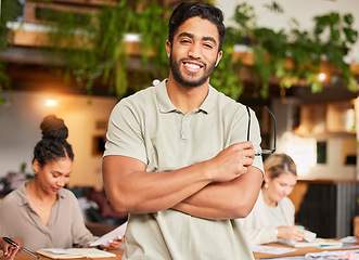 Image showing Leadership, confidence and portrait of a happy man in the office standing with crossed arms. Company, creative and professional male advertising manager, ceo or employee with success in the workplace