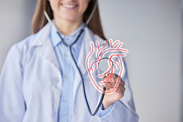 Image showing Heart diagram, stethoscope and cardiology help of a woman doctor in a hospital with a smile. Health, wellness and medical about us work of a female healthcare worker and consulting employee at clinic