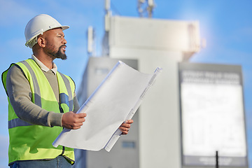 Image showing Engineering, blueprint and black man planning at construction site with paperwork. Handyman, outdoor and African male contractor working with architecture plans for building, repairs or maintenance.
