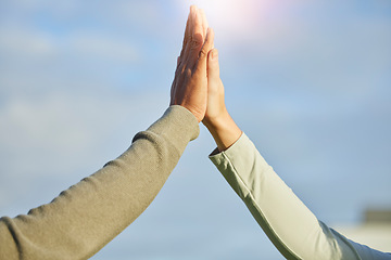Image showing High five, sky and people teamwork, success and collaboration of outdoor sports, fitness team building or healing. Woman, partner agreement and hands together in support, goals and target achievement