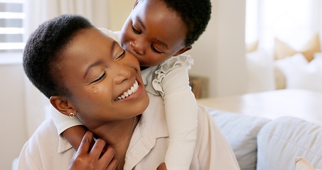 Image showing Love, mother and excited child hug playing together bonding in bedroom at house. Happy black woman and baby affection smile, trust and support care or enjoy spending quality time at family home