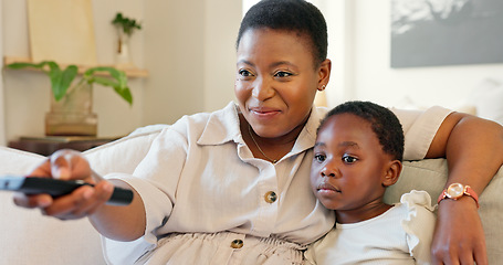 Image showing Love, mother and girl streaming a movie while relaxing on a sofa in the modern living room. Happy, smile and black family watching a film online in lounge while bonding, talking and resting together