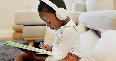 Image showing Language learning, headphones and black child with tablet for online education translation website or video call. Relax kid with digital technology listening and speaking for online learning games