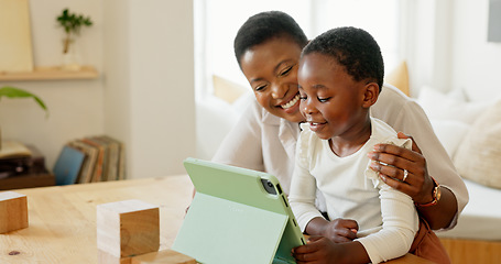 Image showing Tablet, black mother and girl on video call, being happy and wave with smile in living room at home. Mama, child and daughter with digital device for connect, smile and bonding to blow kiss in lounge