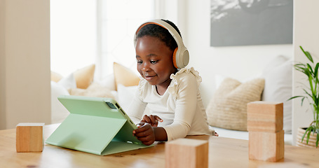 Image showing Language learning, headphones and black child with tablet for online education translation website or video call. Relax kid with digital technology listening and speaking for online learning games