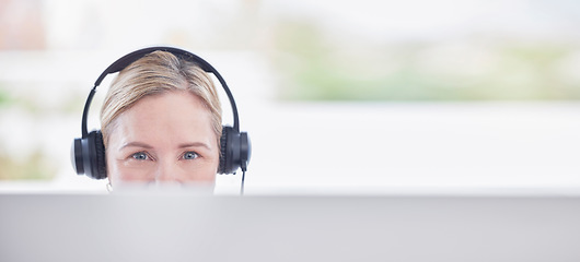 Image showing Call center portrait, woman on computer, consultant or agent in customer support, virtual communication and consulting service. Online advisor, telecom person or worker face in headset, pc and mockup