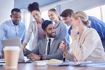 Image showing Business people, laptop and team collaboration in meeting, planning or idea strategy at office desk. Group of diverse employee workers sharing ideas in teamwork on computer or project plan at table