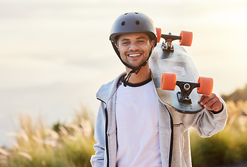 Image showing Smile, longboard and portrait of man with skateboarding hobby, skill and balance on road. Freedom, urban fun and face of happy gen z skateboarder, cool guy holding skateboard with happiness and sport