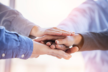 Image showing Teamwork, collaboration closeup and hands stacked for, support and project mission and business team startup. Group of people together hand sign for community goals, employees or friends solidarity