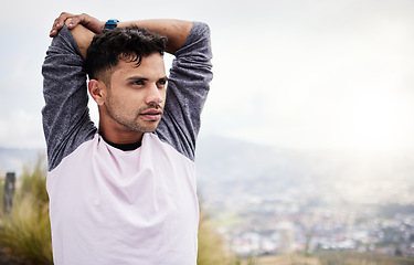 Image showing Man, fitness and stretching arms on mockup in nature for hiking, travel or outdoor exercise on mountain. Sport male in warm up arm stretch getting ready or preparation for trekking journey or workout