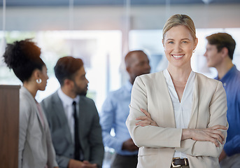 Image showing Leadership, portrait and group of business people in the office together after a meeting. Management, diversity and confident female manager or ceo standing with a corporate team in the workplace.